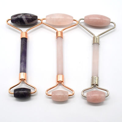 Gepersonaliseerd logo beschikbaard Rose Gold Jade Roller voor gezichtsverzorging 100% natuurlijke Double Head Rose Quartz Facial Roller Gezichtsslimming