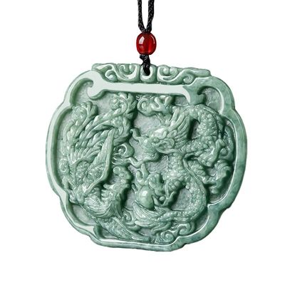 Liefdesthema Natuurlijke Jadeit Halsketting Hanger in Feng Shui stijl met gunstige draak en Phoenix