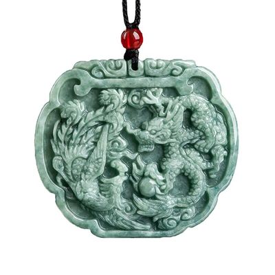 Liefdesthema Natuurlijke Jadeit Halsketting Hanger in Feng Shui stijl met gunstige draak en Phoenix