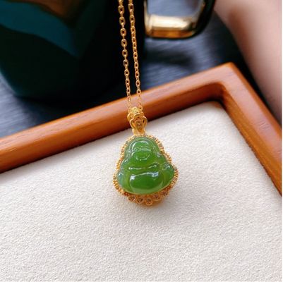 925 Zilveren ingelegde groene neffriet jade lachende boeddha ketting hanger met kristallen stenen en kleine maat