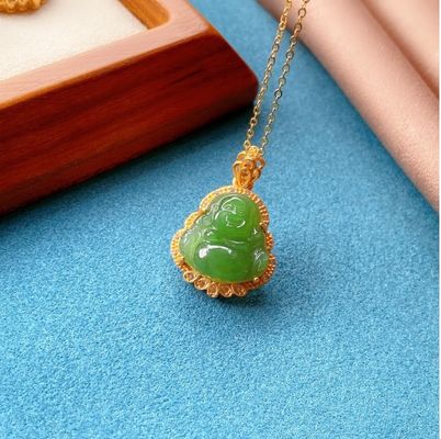 925 Zilveren ingelegde groene neffriet jade lachende boeddha ketting hanger met kristallen stenen en kleine maat