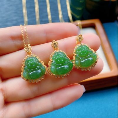 925 Zilveren ingelegde groene neffriet jade lachende boeddha ketting hanger met kristallen stenen en kleine maat