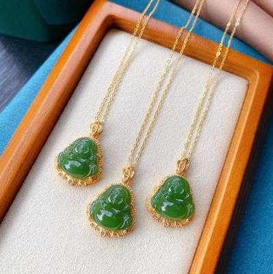 925 Zilveren ingelegde groene neffriet jade lachende boeddha ketting hanger met kristallen stenen en kleine maat