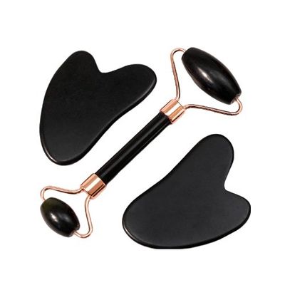 Body Scraper Customized Logo Availabled Natuurlijke Zwarte Bianstone Gezichtsmassage Roller Guasha Zwarte Jade Roller Set voor Massage