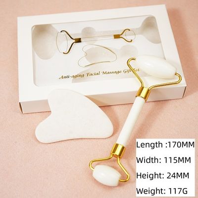 Gepersonaliseerd logo beschikbaard Witte Jade Roller En Guasha Set Voor Gezicht Gua Sha Massage Met Gift Box Voor Lichaam Spieren