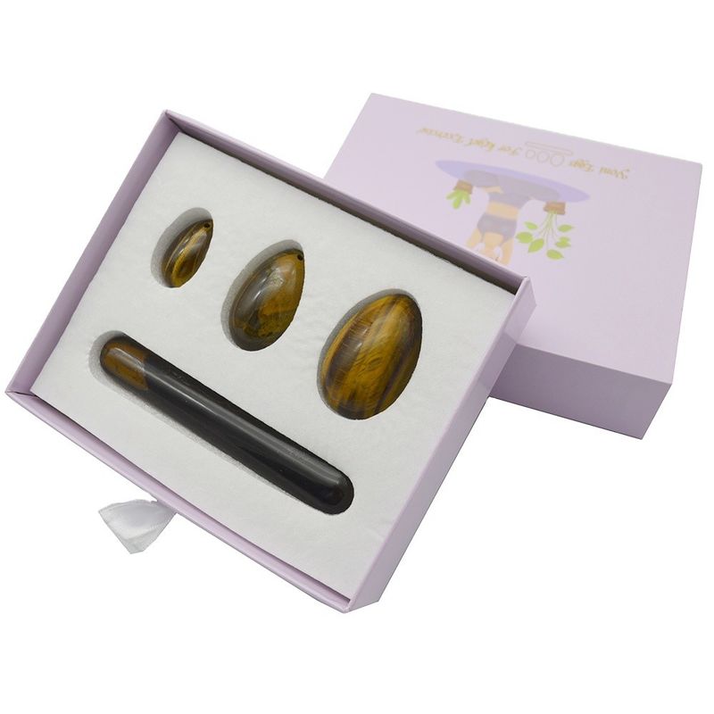 4pcs Tiger Eye Drilled Yoni Eggs And Wands Set met doos Perfect voor feestdagen en steen beeldhouwcollectie