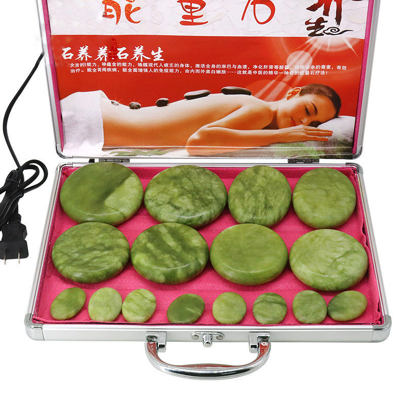 Massagetools Olivine steen Massager steen met aluminium verwarmingsdoos Warmte massagetoestel Basalt energie stenen voor de gezondheidszorg