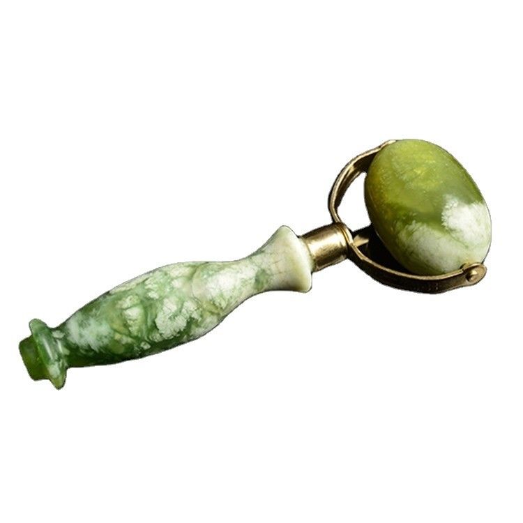 Groene Xiuyan Jade Gezichtsroller Gua Sha Gelast Metalen Jade Massage Roller Voor Schoonheidsinstrumenten Gezichtsmassager