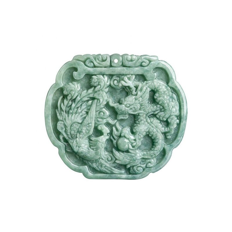 Liefdesthema Natuurlijke Jadeit Halsketting Hanger in Feng Shui stijl met gunstige draak en Phoenix