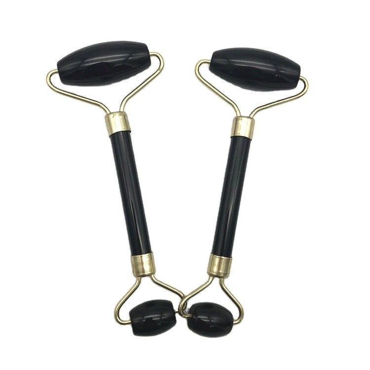 2024 Natural Black Obsidian Gua Sha Jade Facial Guasha Roller Massager voor gezichts- en nekverzorging Schoonheid door Silver Metal