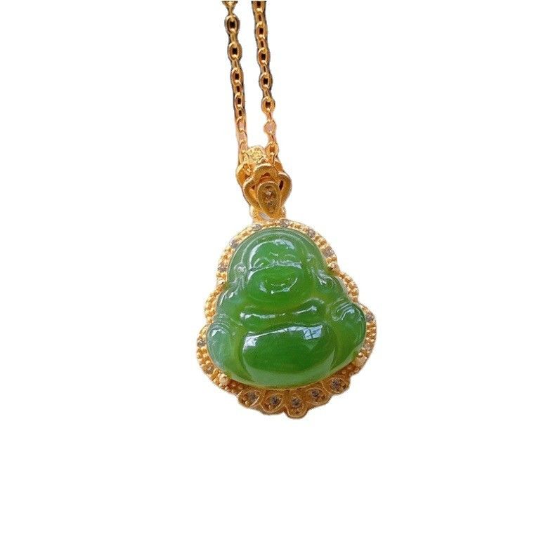925 Zilveren ingelegde groene neffriet jade lachende boeddha ketting hanger met kristallen stenen en kleine maat