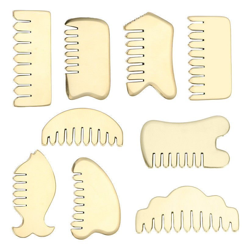 Spiermassage Gouden Gua Sha Board Tool voor natuurlijke Messing Guasha Stone Head Massager Hair Health Care Salon Beauty Tool