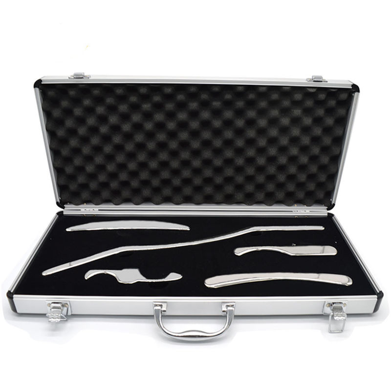 Zilveren eigenschappen Medisch gehalte roestvrij staal Gua Sha gereedschap voor schoonheid Massager eigenschappen 5 in 1 set