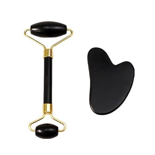 Body Scraper Customized Logo Availabled Natuurlijke Zwarte Bianstone Gezichtsmassage Roller Guasha Zwarte Jade Roller Set voor Massage