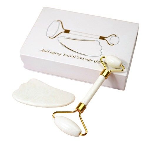 Gepersonaliseerd logo beschikbaard Witte Jade Roller En Guasha Set Voor Gezicht Gua Sha Massage Met Gift Box Voor Lichaam Spieren