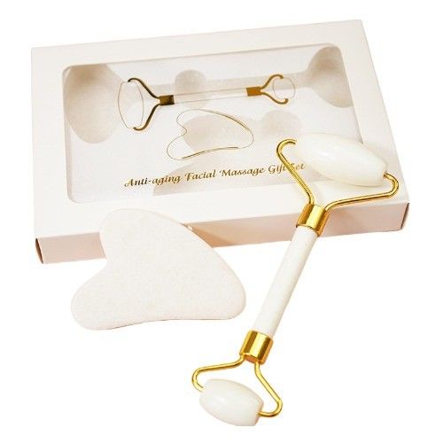 Huidverzorgingsgereedschap Natuurlijke witte jade steen Gua Sha schraapplank Guasha Gezicht Roller Gift Box Set voor lichaamsspieren massage