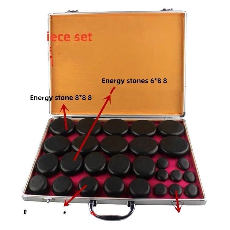 Spiermassage Warme Steen Massage Kit Aluminium Verwarmingsdoos met 28 stuks Basalt Energy Stones in zwart