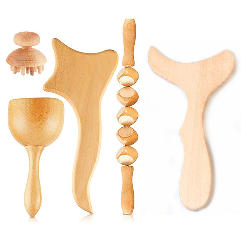 Lichaamtherapie Houten spierrolletje Set 5pcs Houten massager voor Maderotherapie Anti-cellulitis Lymfatische drainage Pijnverlichting
